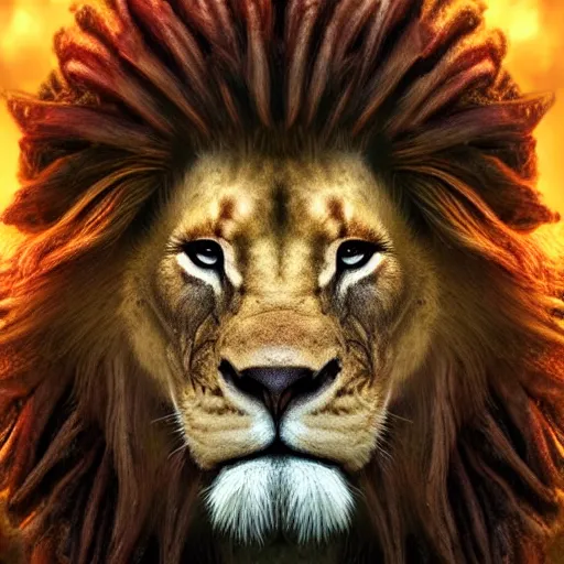 Image similar to an alien lion with dread locs wearing a crown, digital art, highly detailed face, fantasy, epic, ultra quality, cinematic lighting