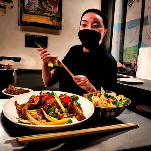 Image similar to anonymous with face covered by stirfry pork, cinematic dramatic composition, happy lighting