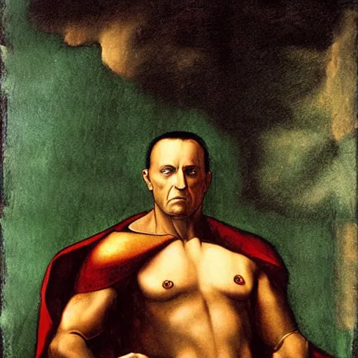 Prompt: painting of black adam as adam in the creation of adam by leonardo davinci