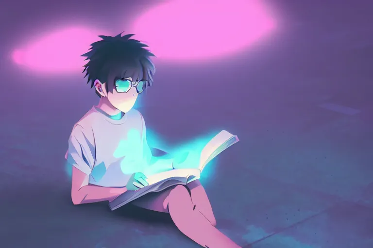 Black and white image of an anime boy reading a book on Craiyon