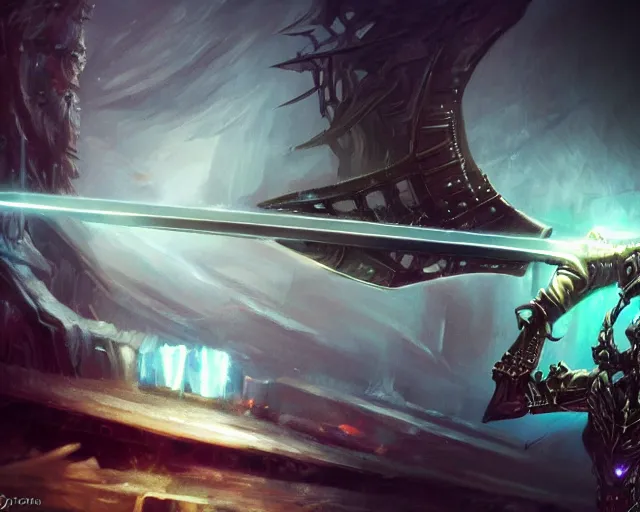 Image similar to legendary glowing sword of cybernetic technology on a table, digital award winning hd matte painting, intimate dark moody, intricate, long sharp black and iridescent blade, ornate spikes, colorful hilt, detailed realistic, raytraced blade, colored gems, golden pommel, in the style of greg rutkowski and krenz cushart, trending on artstation and deviantart