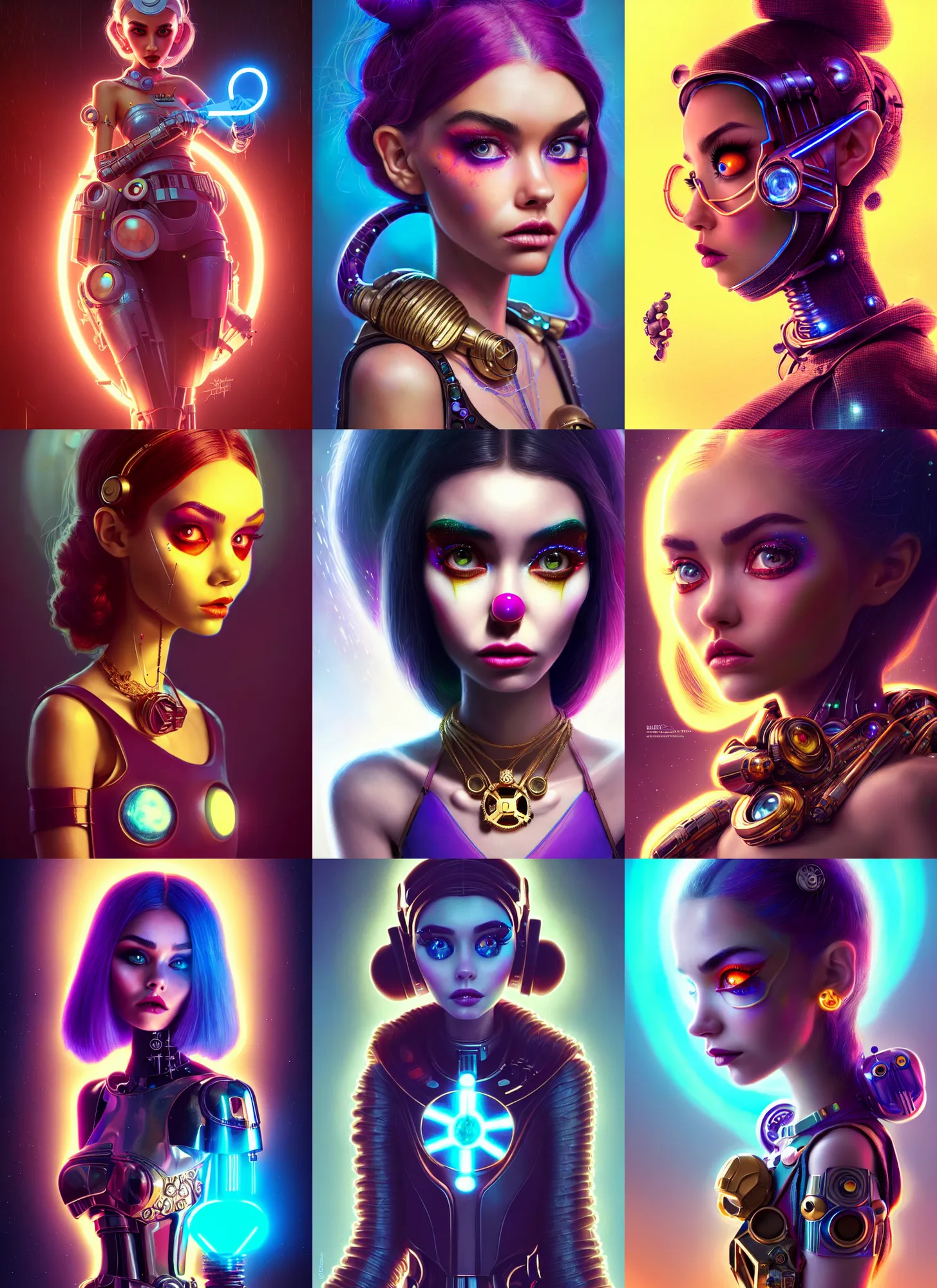 Prompt: pixar portrait 8 k photo, beautiful edc star wars clowncore madison beer cyborg woman, golden ratio jewelry, sci - fi, fantasy, cyberpunk, intricate, elegant, highly detailed, digital painting, ever after high, octane render, artstation, concept art, smooth, sharp focus, illustration, art by artgerm, loish, wlop