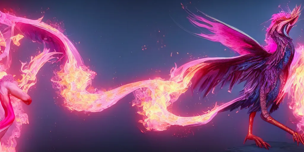 Image similar to pink and blue anthro flaming phoenix, character portrait, unreal engine 5, intricate, detailed, realistic, masterpiece