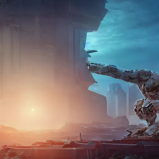 Image similar to panorama of a mech warrior standing in a destroyed alien city, 8k , orange teal lighting, volumetric lighting, moody lighting,
