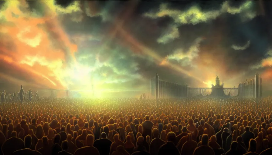 Image similar to painting of a crowd with raised arms pointing towards a glowing sky, volumetric lighting, nasty, hyperdetailed, realistic