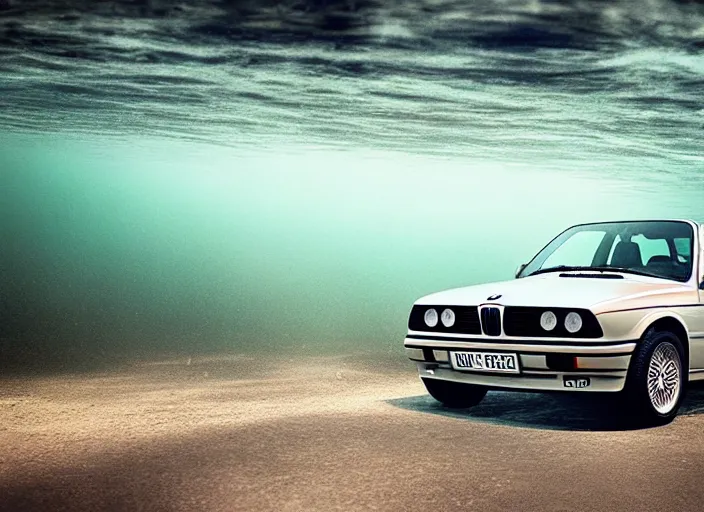 Prompt: “BMW e30 driving through an underwater city, photo taken from a long shot, matter painting, iridescent small fish” H 896