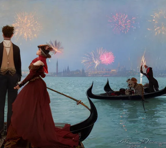 Image similar to photography of a 1 8 th couple in venice with fireworks, deep focus, intricate, elegant, highly detailed, digital painting, artstation, concept art, matte, sharp focus, illustration, art by artgerm and greg rutkowski and alphonse mucha and gil elvgren