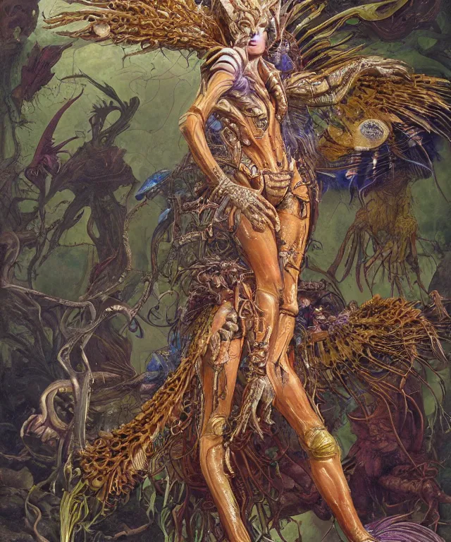 Prompt: a portrait photograph of venus as a strong alien harpy queen with amphibian skin. she is dressed in a colorful slimy organic membrane catsuit and transforming into an bird with an armored exoskeleton. by donato giancola, walton ford, ernst haeckel, peter mohrbacher, hr giger. 8 k, cgsociety, fashion editorial