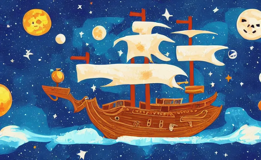 Image similar to pirate ship in space, storybook, gouache, flat, concept art, lush, pixel art