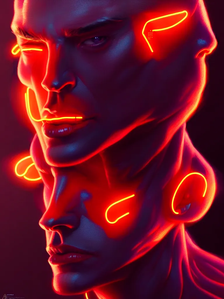 Image similar to portrait of male humanoid, intricate, perfect anatomy, neon lighting, highly detailed, digital photography, artstation, stylish pose, concept art, smooth, sharp focus, illustration, art by artgerm and greg rutkowski