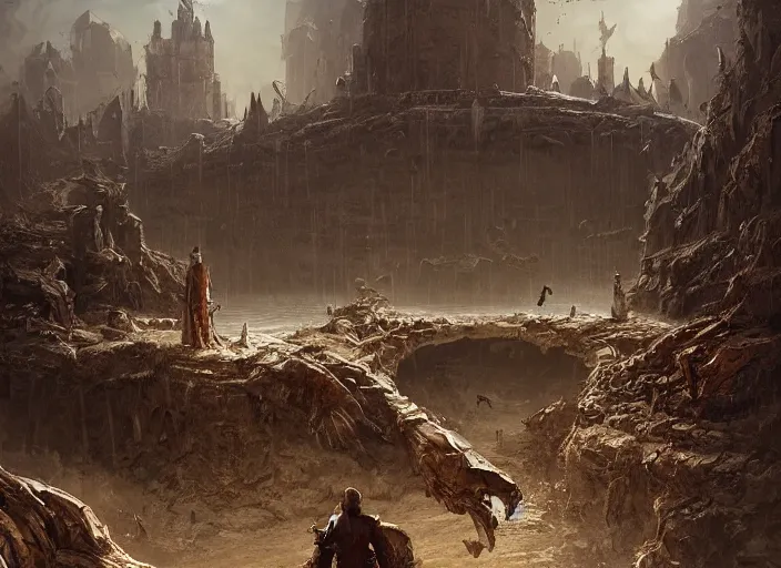 Image similar to a land outside of time and space with floating sands and flying beasts and zombie huge wolves with a Fort in the middle and water tunnels below and a gate to another dimension a man standing watching over ,digital art,realistic,detailed,art by greg rutkowski