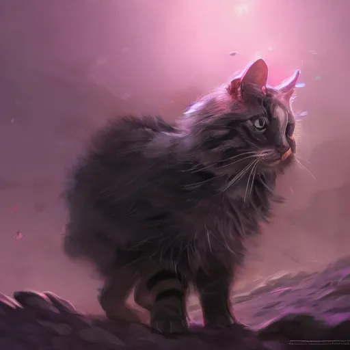 Prompt: masterpiece digital painting of a cat, focus on the face, visible face, heavy black obsidian armor, chaotic ruby inlays, large cape, by kev walker and greg rutkowski, atmospheric fog effects background, purple sparkles, artstation, deviantart, full body view, cinematic lights