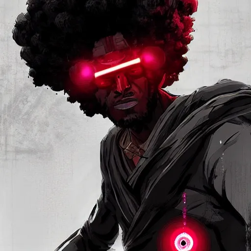Prompt: afro samurai with cybernetic eyes and a ruby in his forehead!, apex legends character digital illustration portrait design, by noah bradley and android jones in a cyberpunk style, synthwave color scheme, dramatic lighting, hero pose, wide angle dynamic portrait