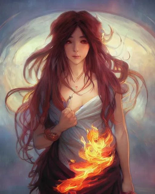 Image similar to beautiful long haired anime girl, fire dress, portrait, flames everywhere, highly detailed, digital painting, artstation, concept art, smooth, sharp focus, illustration, art by artgerm and greg rutkowski and alphonse mucha