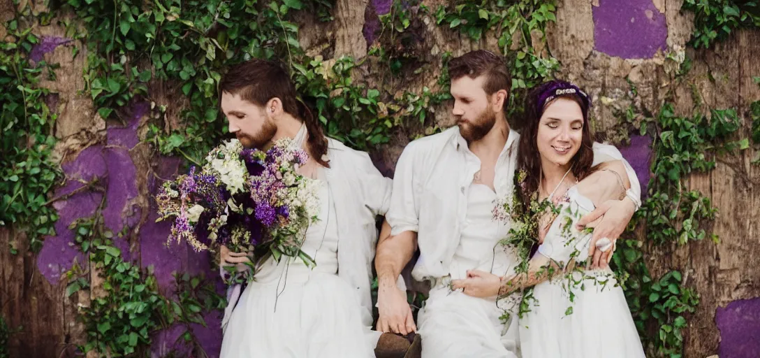 Image similar to modern wedding photography. rustic bohemian. young couple. purple and green. woodsy, old church, flowers.