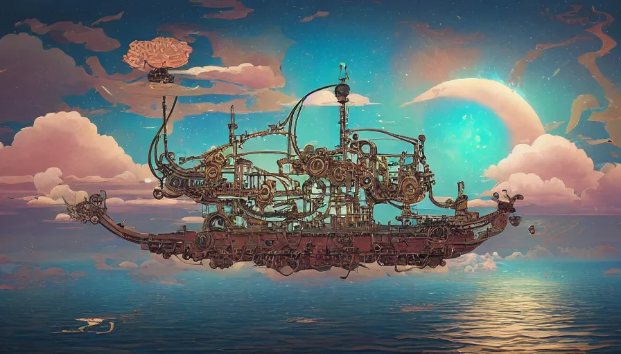 Image similar to a steampunk ship in the sky above the sea y by takashi murakami,, beeple and james jean, aya takano color style, 4 k, super detailed, night sky, digital art, digital painting, celestial, majestic, colorful