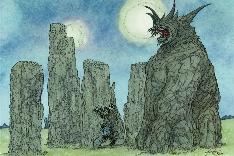 Prompt: hyperrealist studio ghibli watercolor fantasy concept art of a kaiju using stonehenge as a chair. it is a misty starry night. by rebecca guay, michael kaluta, charles vess