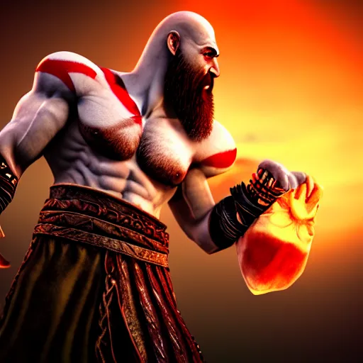 Prompt: screenshot of Kratos with a chicken head, volumetric lighting, high detail, 4k, warm toned gradient background