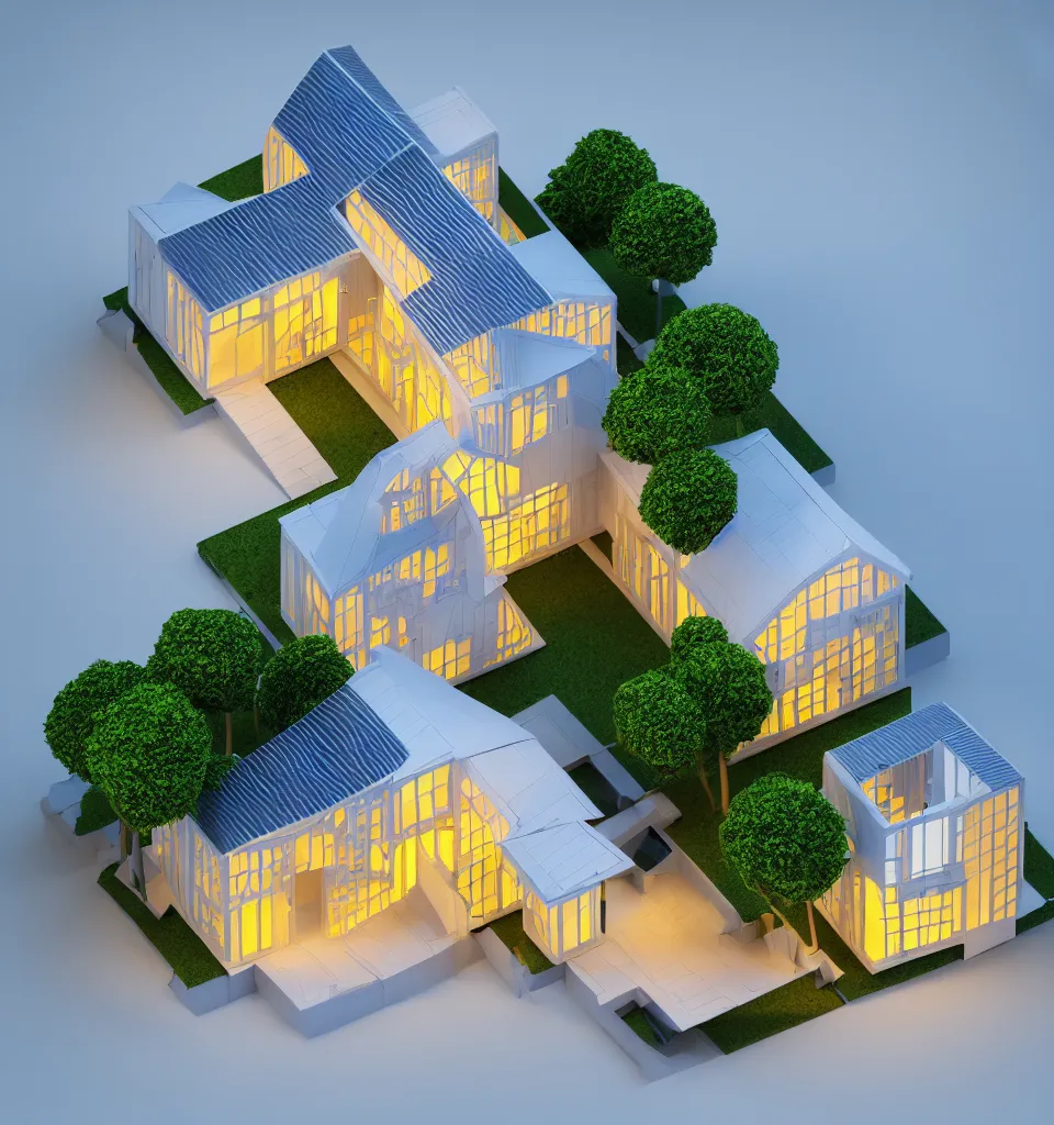 Prompt: architectural model, isometric view, 3 d render, studio lighting, low contrast, brightly lit studio, highly detailed, a thick house with triangular plan and circular windows, mansard roof, post - modernism, high tech, pool, tree