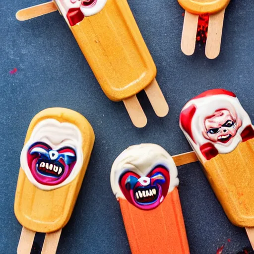 Image similar to close up menu of ice cream popsicles shaped like screaming chucky dolls on side of ice cream truck