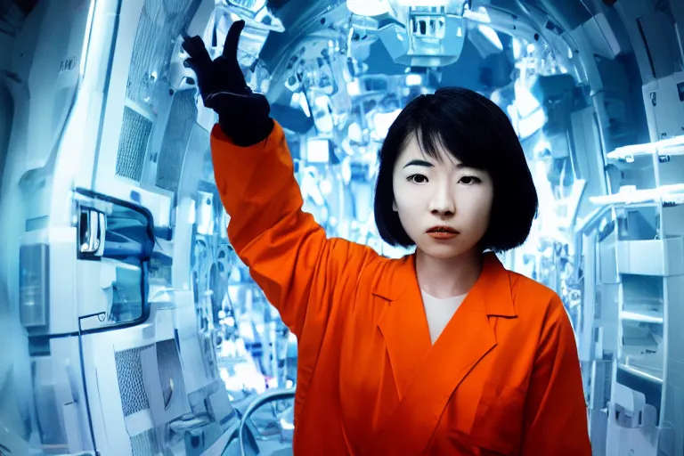 Image similar to an 8 k photograph depicting haruka abe wearing an orange prison jumpsuit. behind her a blue holographic face hangs in the air, dominating the background scene. futuristic medical equipment surrounds haruka abe. cinematic lighting, soft focus, panavision camera, sci fi, futuristic,