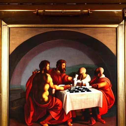 Image similar to a Nvidia robot with no other purpose in life than looking at a painting of gods playing chess under a crimson sky. Painted by Michelangelo. Hd. 4k. Arcane style