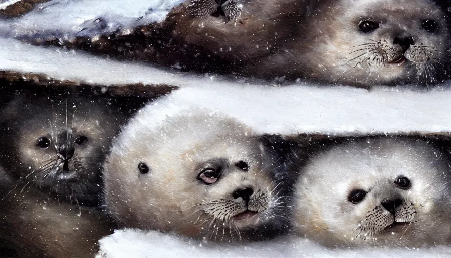 Prompt: highly detailed closeup painting of cute furry white baby seals inside a snowy adventure park climbing frame by william turner, by greg rutkowski, by william constable, thick brush strokes and visible paint layers, 4 k resolution