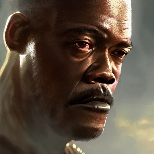 Image similar to closeup portrait of a young samuel jackson as a medieval knight, city background, dramatic light, gorgeous view, depth, high detail, digital art, painted by greg rutkowski, trending on artstation