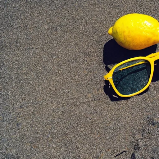 Prompt: a photo of a lemon with glasses on lying on the beach on a bright summer day, low angle