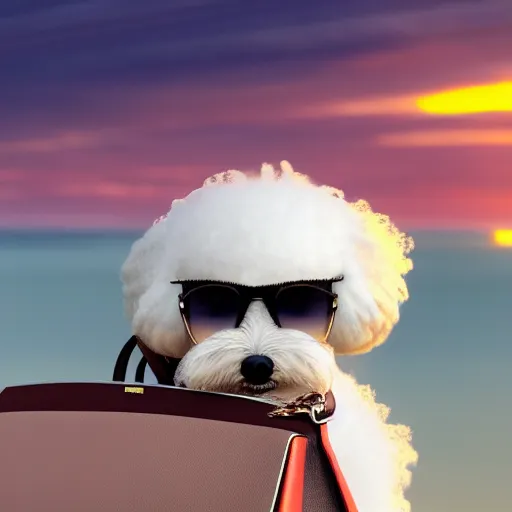 Prompt: a closeup photorealistic photograph of a smiling bichon frise peeking out of a Hermes handbag at the beach during sunset This 4K HD image is Trending on Artstation, featured on Behance, well-rendered, extra crisp, features intricate detail and the style of Unreal Engine.