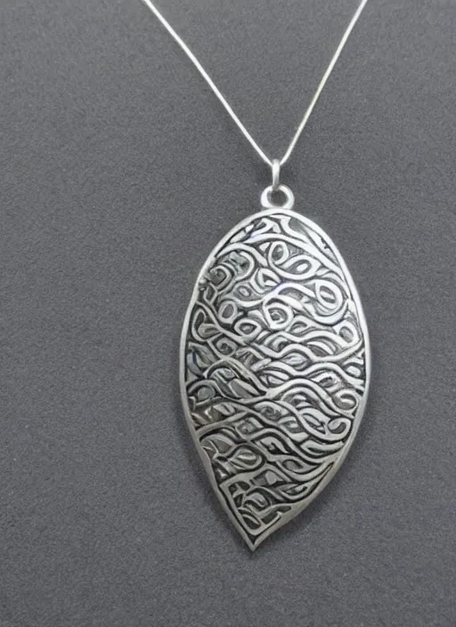 Prompt: Amulet Of Wave inlaid in silver on a young beautiful woman neck, realistic, clean,