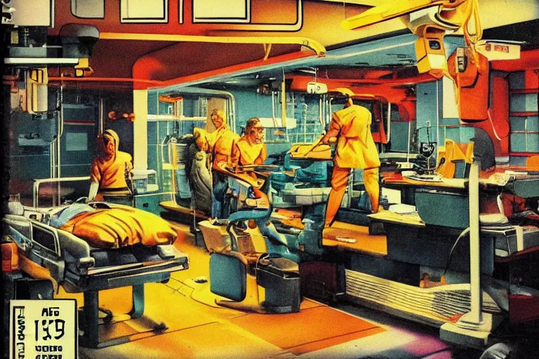 Prompt: 1979 OMNI Magazine Cover depicting an operating room in a commercial car garage. Cyberpunk Akira style by Vincent Di Fate