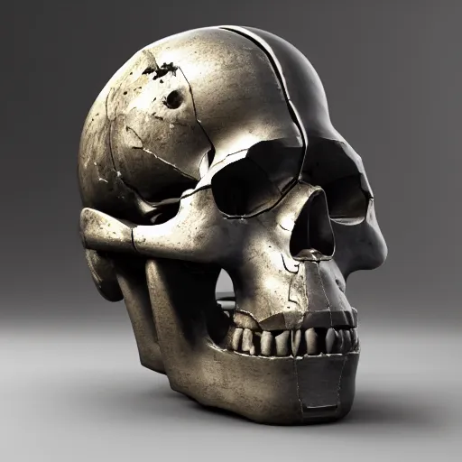 Prompt: a destroyed skull of a robot, made with scuffed brushed metal, missing parts, wires, on display, on a museum pedestal, redshift render, by Victor Hugo, greeble