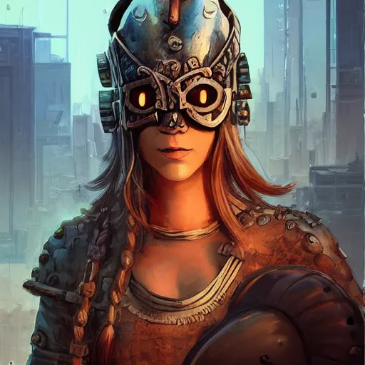 Image similar to cyberpunk viking helmet mask warrior goddess robot ninja fantasy, art gta 5 cover, official fanart behance hd artstation by jesper ejsing, by rhads, makoto shinkai and lois van baarle, ilya kuvshinov, ossdraws