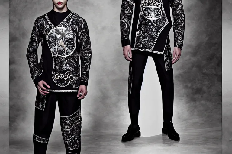 Image similar to versace avant garde male tunics posing in new york intricate modern choatic textiles streetwear cyberpunk dark cloudy raining