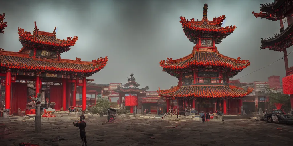Image similar to a chinese temple of cyberpunk style, detailed, atmospheric, 8 k