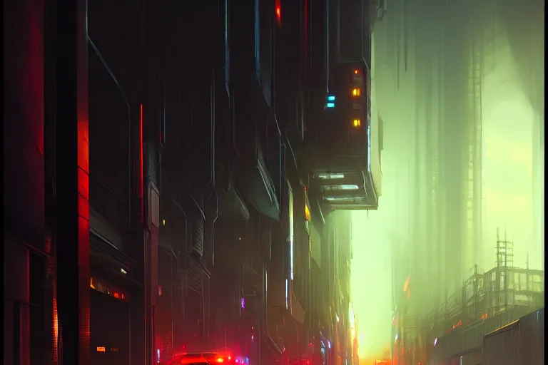 Image similar to gigantic cyberpunk megastructure, sidewalk, night, dramatic lighting, raining, chiaroscuro, high detail, painted by greg rutkowski, painted by igor kieryluk, painted by raymond swanland, trending on artstation