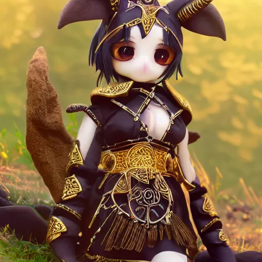 Prompt: cute fumo plush of a goat girl with horns, anime girl, tribal outfit with intricate celtic knot patterns, golden pauldrons, gothic maiden empress, artstation, vray