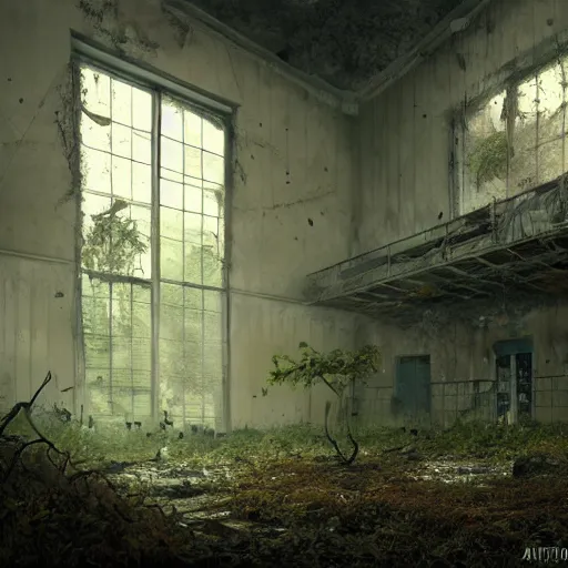 Prompt: abandoned high school overtaken by plants and nature and rot, artstation, high quality, detailed, eerie atmosphere