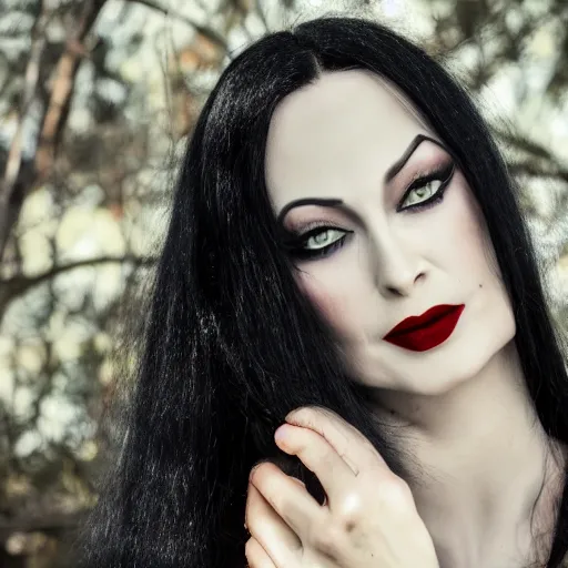 Image similar to dslr portrait photo of morticia addams, f 2. 8, iso 4 0 0,, 4 k, photorealistic, cinematic, masterpiece,