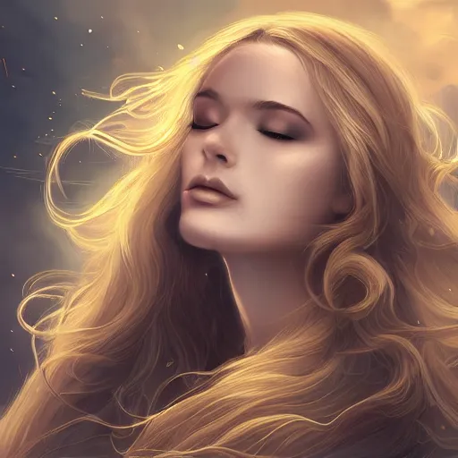 Image similar to A portrait of an attractive young female wind angel, beautiful long wavy blond hair, tumultus clouds in the back, intricate, highly detailed, elegant, digital painting, trending on artstation