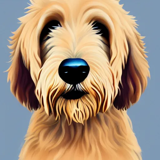 Prompt: portrait of a cute blond goldendoodle with short fur, high detail, minimalist painting, symmetry, award winning art, beautiful illustration