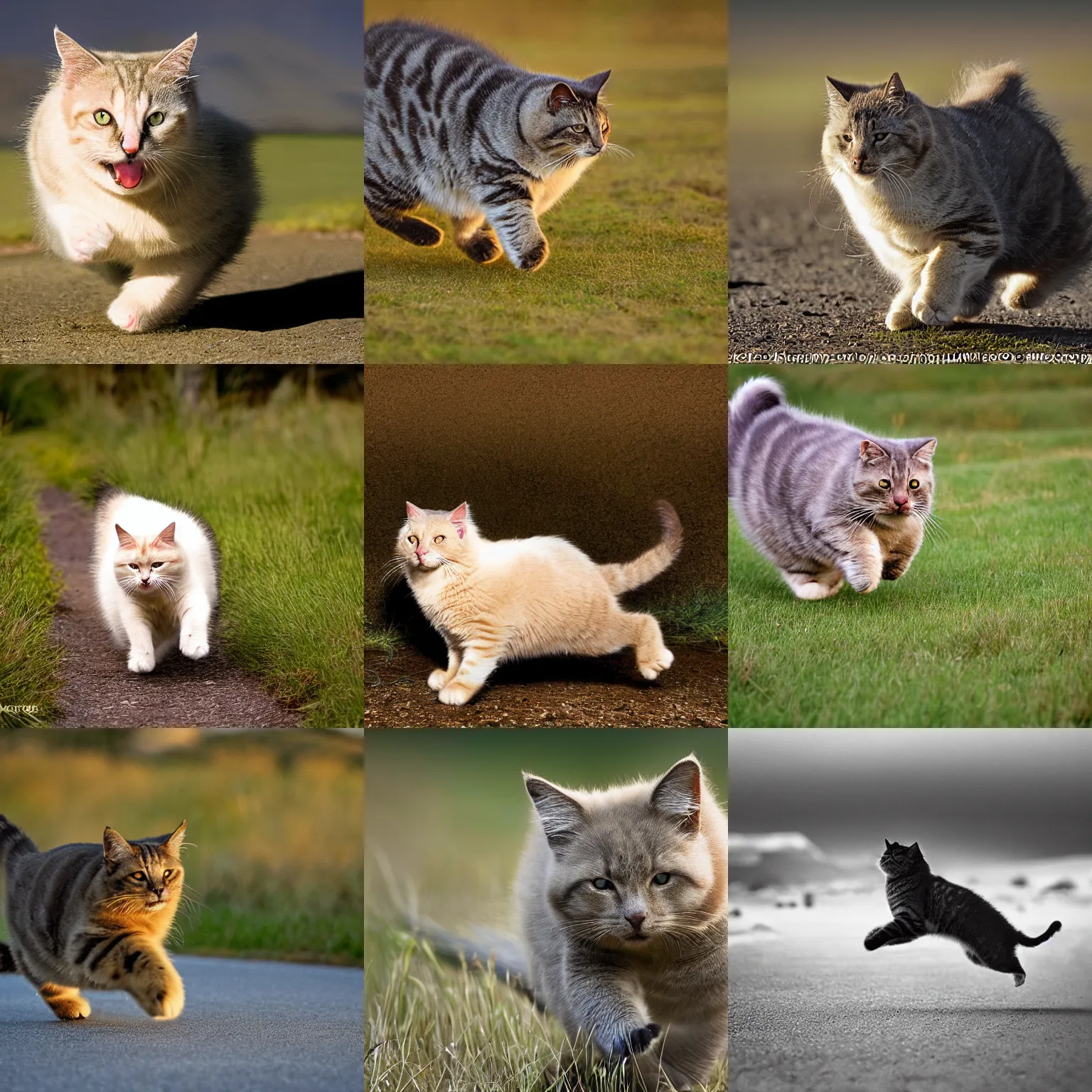 Prompt: award winning wildlife photography, a fat young house cat running towards the camera , high shutter speed, wildlife photography by Paul Nicklen, shot by Joel Sartore, Skye Meaker, national geographic, perfect lighting, blurry background, bokeh