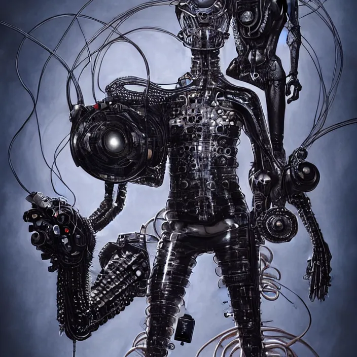 Prompt: cyberpunk black man at 20s with robot eyes, short hair, tiny thin mustache, thin face, wearing headphones, holding a big camera, by Wayne Barlowe by peter Mohrbacher by Giger, dressed by Alexander McQueen and by Neri Oxman, metal couture hate couture editorial