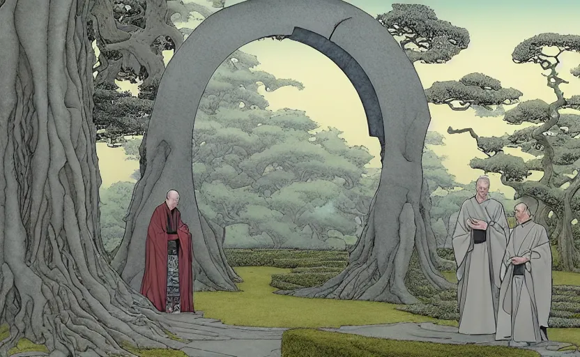 Image similar to a hyperrealist watercolour concept art of a dimensional time portal in the shape of an arch of trees. a medieval monk in grey robes is in the foreground. a japanese temple is in the background. very muted colors, post grunge, by rebecca guay, michael kaluta, charles vess and jean moebius giraud. high detail, hq, wide shot, 4 k