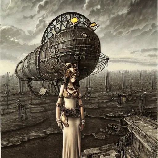 Image similar to a hyperrealistic painting of a beautiful female steampunk goddess, standing at an airship docking station, by john kenn mortensen, highly detailed,