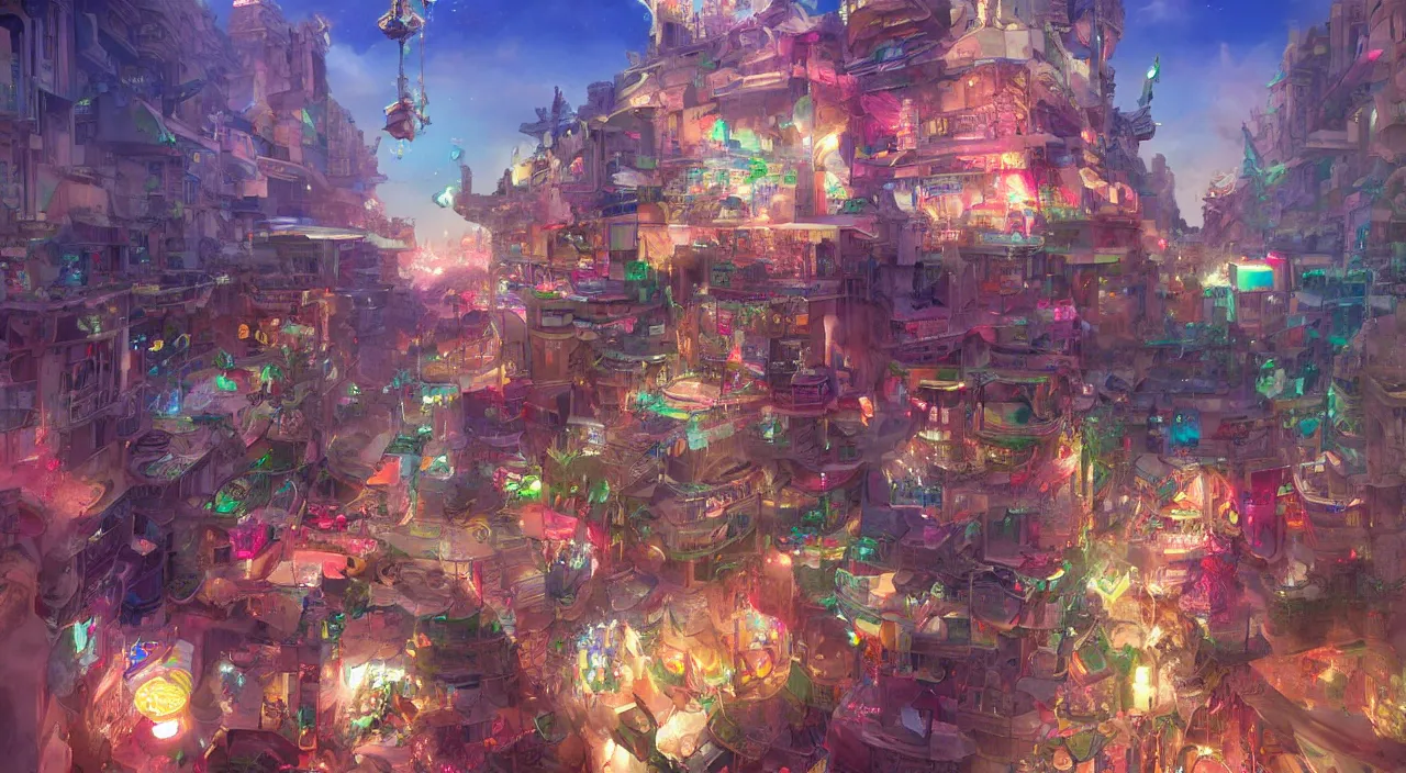 Image similar to bazaar zouk place aladin block greeble multicolorful sky shine mattepainting, street art, trending on artstation, by huang guangjian and gil elvgren and sachin teng