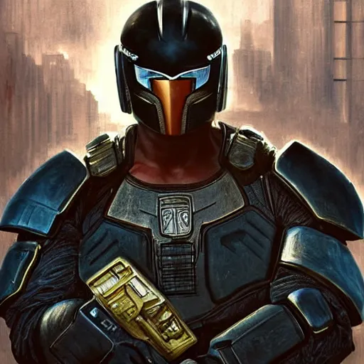 Image similar to Sylvester Stallone as Judge Dredd, artists portrait, fantasy, highly detailed, digital painting, concept art, sharp focus, depth of field blur, illustration, art by artgerm and greg rutkowski and alphonse mucha