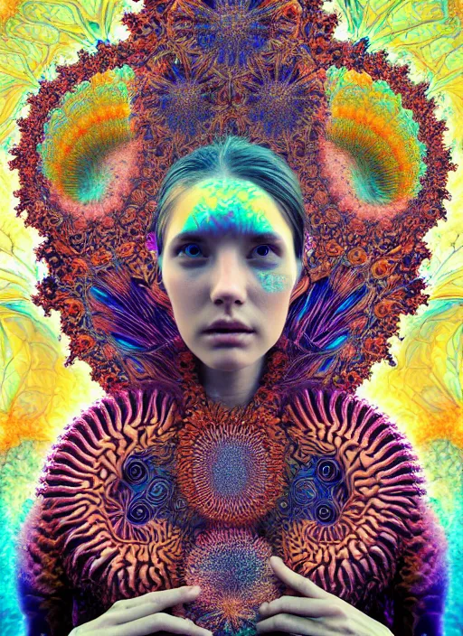 Prompt: ridiculously beautiful young woman tripping, fractals, psychedelics, nature, coral, birds, symmetrical, in the style of ernst haeckel, effervescent, sacred geometry, warm, surrealism, photo realistic, epic and cinematic,