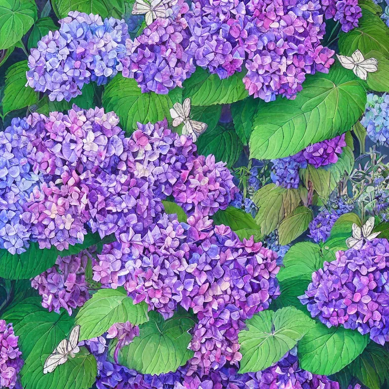 Prompt: a beautiful painting of hydrangea which consists of all sorts of exotic butterflies and a landscape of the mountain valley, clematis theme logo, clematis theme banner, clematis design, clematis in the deep sea, clematis like stars in the sky, hydrangea, trending on artstation, warm light, fantasy art, 8 k resolution, highly detailed
